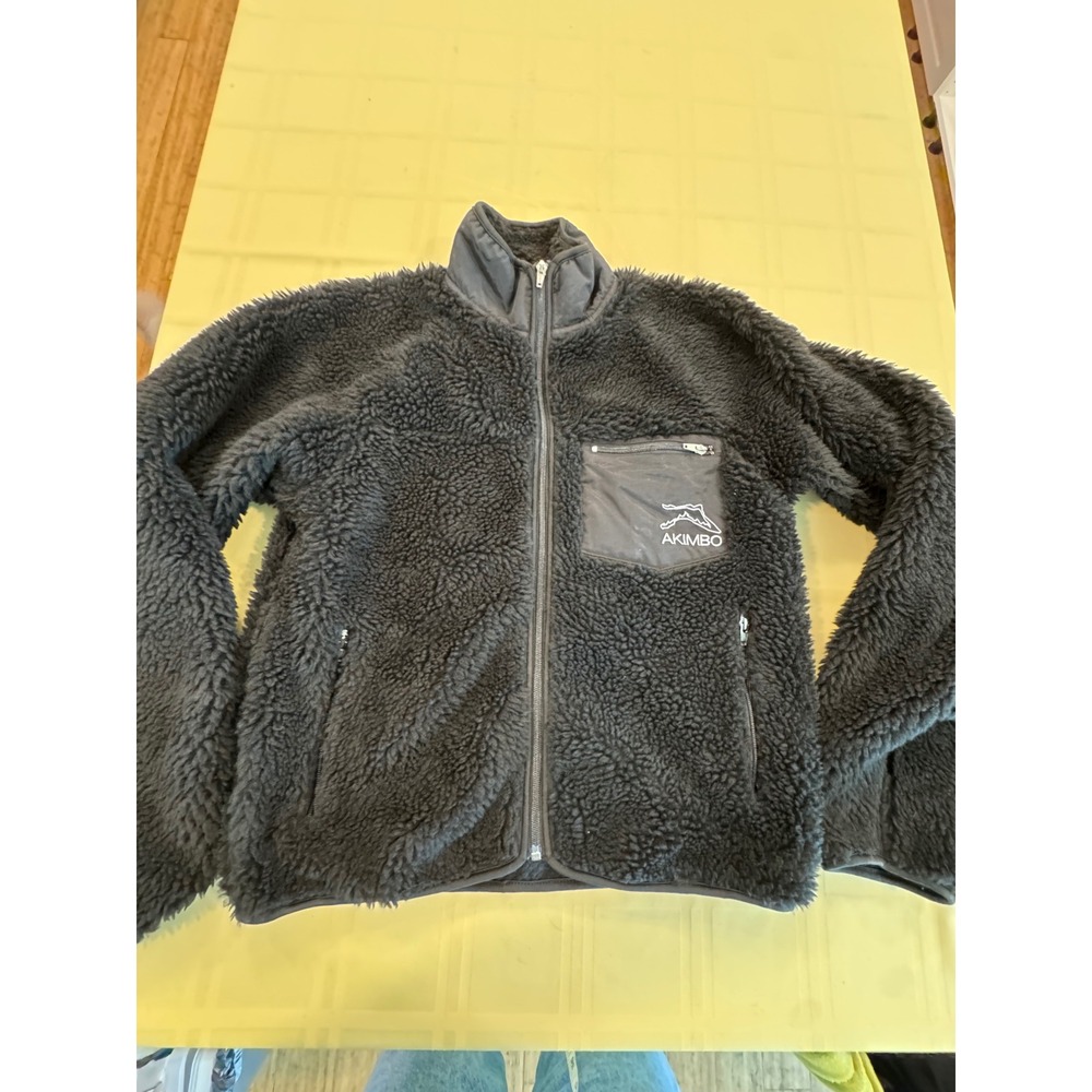 Akimbo Sherpa Fleece Jacket Mens Small Grey Deep Pile Full Zip Mountain Logo sm